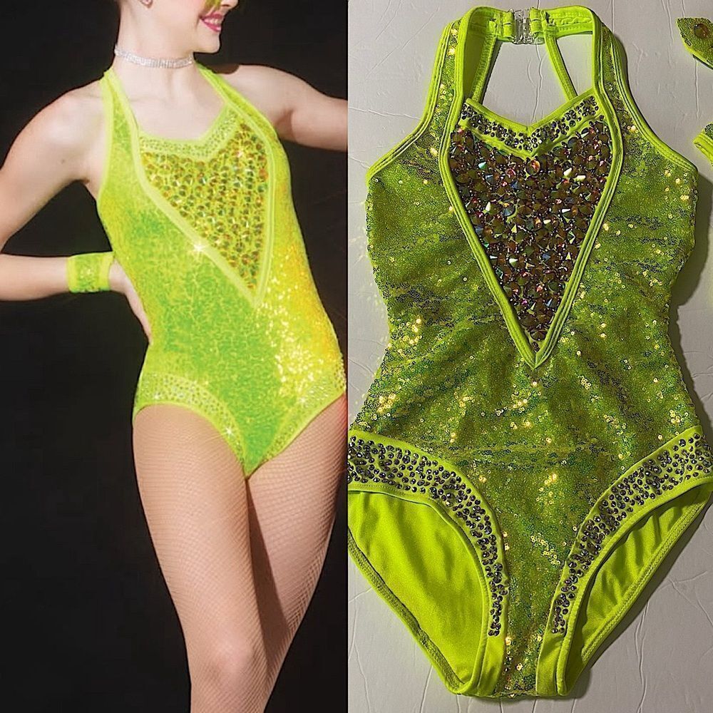 Rare Glamour Competition Solo Costume Neon Lime green Crystal Jazz Open SA adult